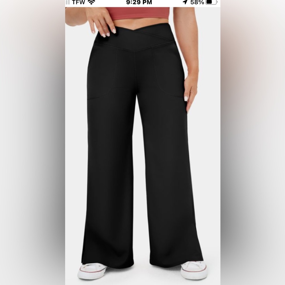 Halara Wide Leg Yoga Pants Split Hem Crossover Waist Side Pocket Black 1X NWOT